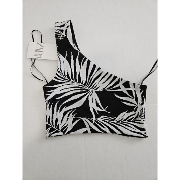Zara Tropical One Shoulder Crop Top Jaquard Material Size S - Picture 2 of 5